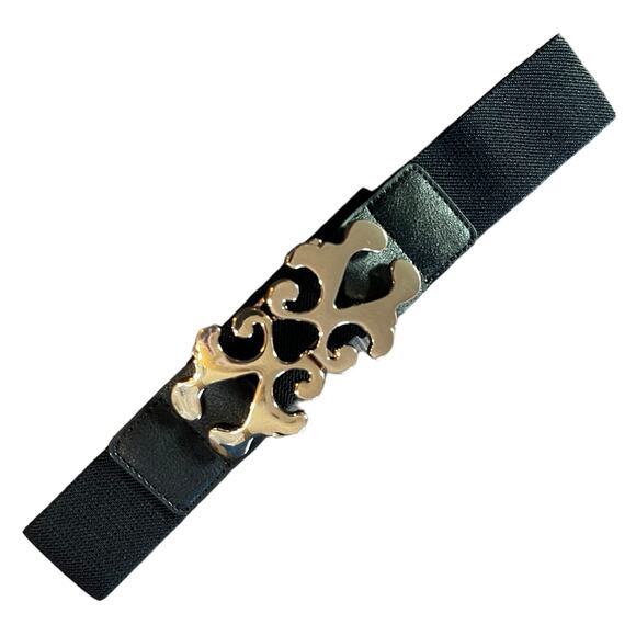 Black Stretch Belt Gold Clasp Buckle Medium - Picture 2 of 4
